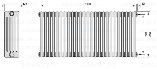 Схема (чертеж) Радиатор Zehnder Charleston 5090/25 №7610 Белый глянцевый RAL 9016